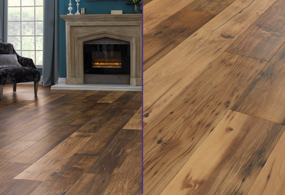 split image of closeup of hardwood floor and living room